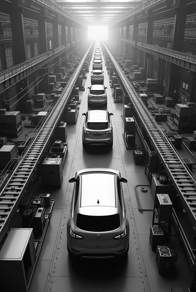 realistic landscape photo.
in black and white.
From a top-down image of a vehicle production line.