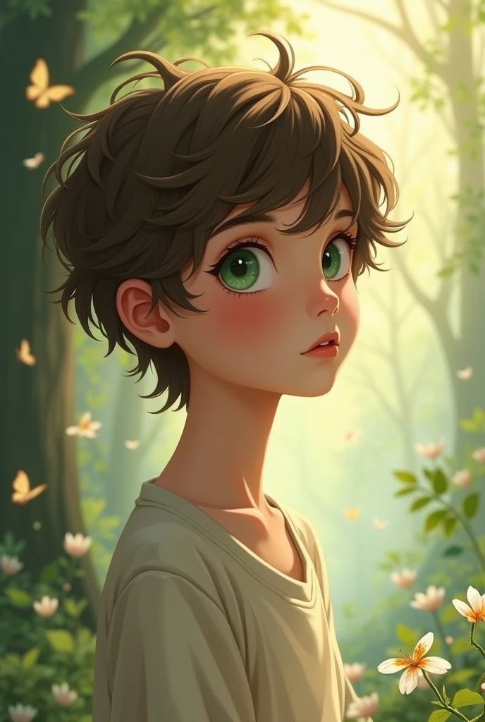 A feminine boy with wavy brown hair and green eyes