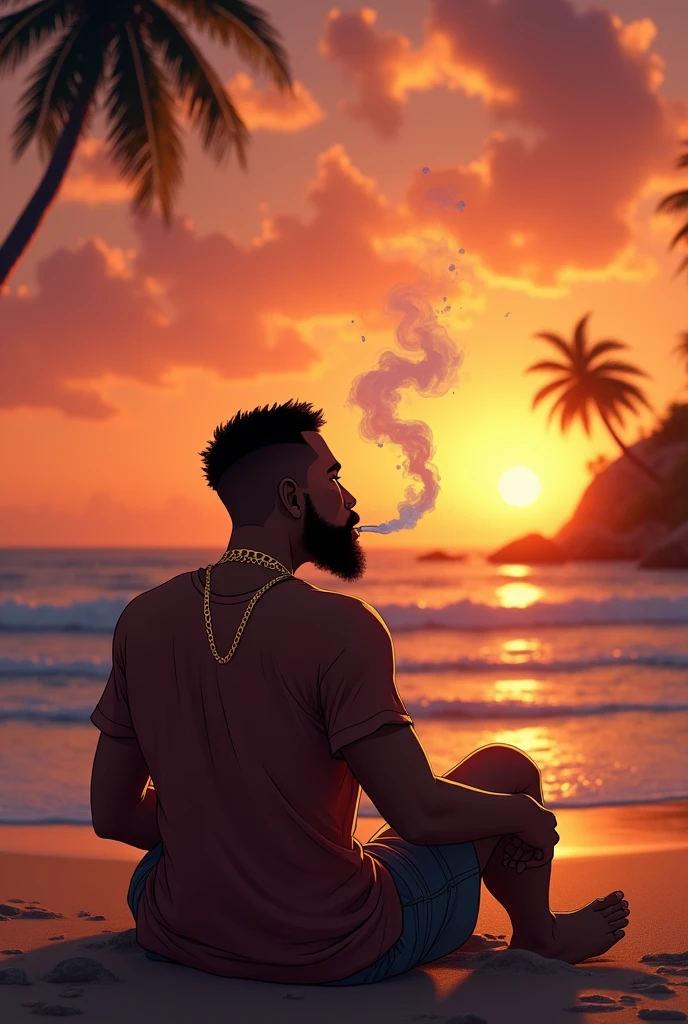 black man wearing gold smoking marijuana sitting looking at a sunset view on a beach showing the landscape and his entire body