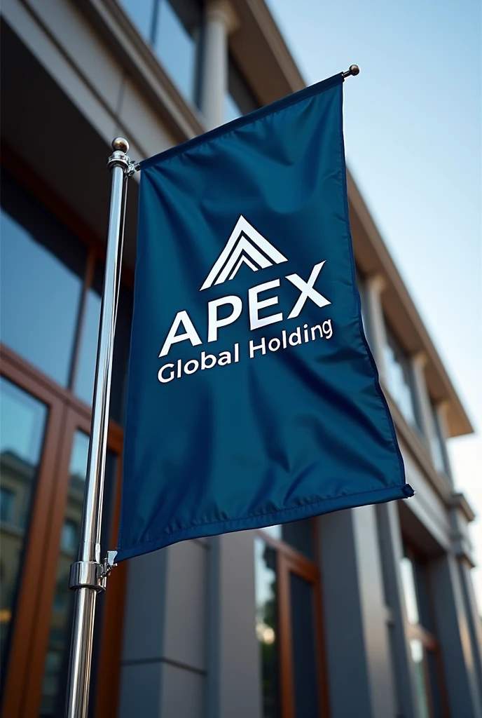 Flag with the words Apex Global Holdings written on it mounted outside a classy headquarters 