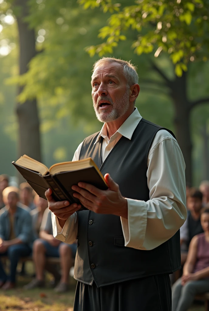 (photorealism:1.2), (8k) A man with a Bible in his hand preaching in a park