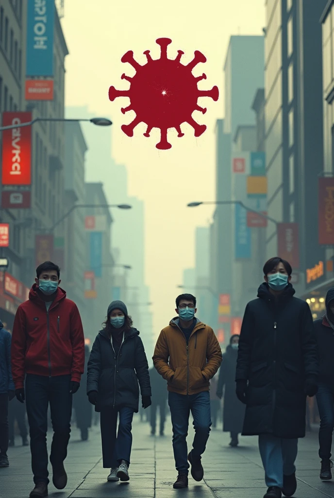 People walking down the street wearing masks and above the image the reddish coronavirus symbol appears in a faded color