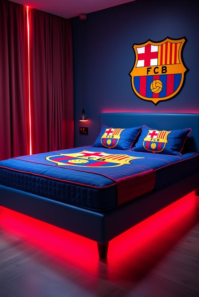 An example of a jumbo mattress that uses sheets and bedcovers with an FC Barcelona motif plus air conditioning and lights in the typical FC Barcelona colors under the mattress.