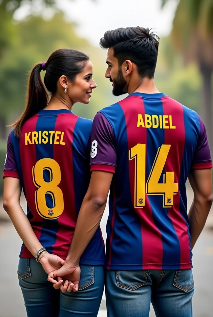 Woman and man from behind wearing the Barcelona shirt with the numbers 8 and 14 with the names Kristel and Abdiel with the girl's hair tied to one side and nice jeans