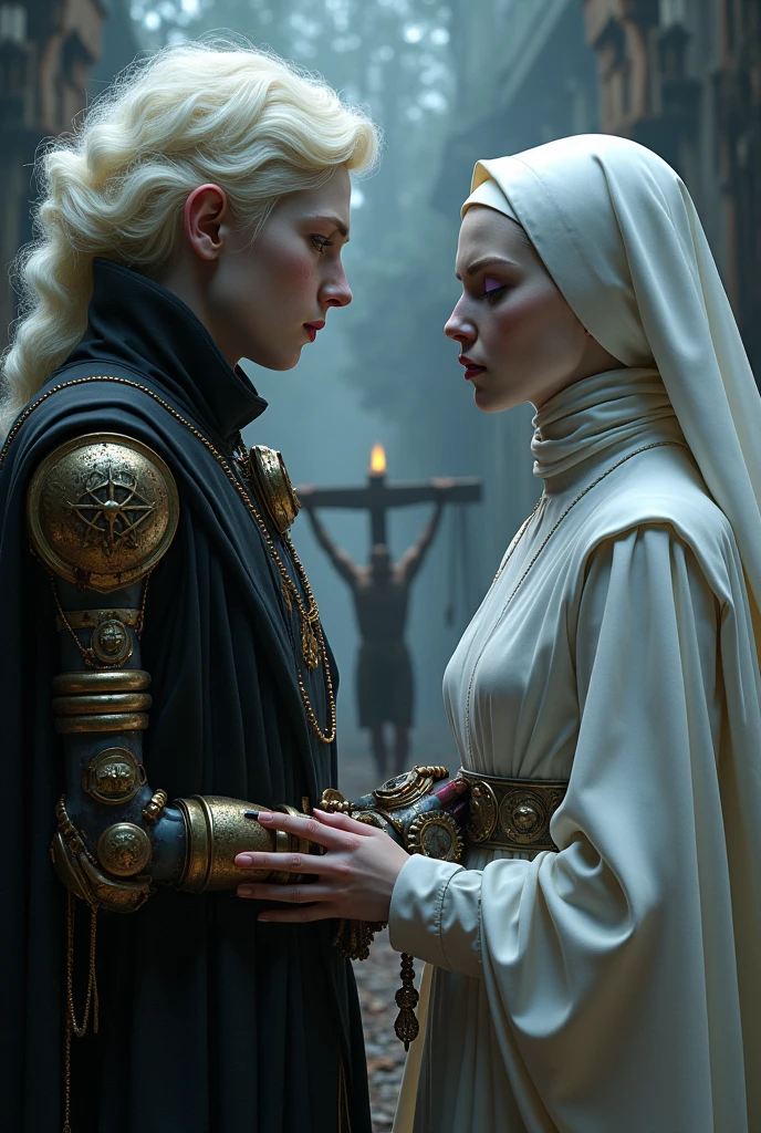 Two albinos from the Middle Ages back to back with violet eyes and white hair, with the one on the left wearing dark alchemist clothes and the left arm with a steampunk prosthesis with a pentagram and blood, and the one on the right in white nun's clothes holding a rosary with her eyes closed, with an execution at the stake behind, the night.