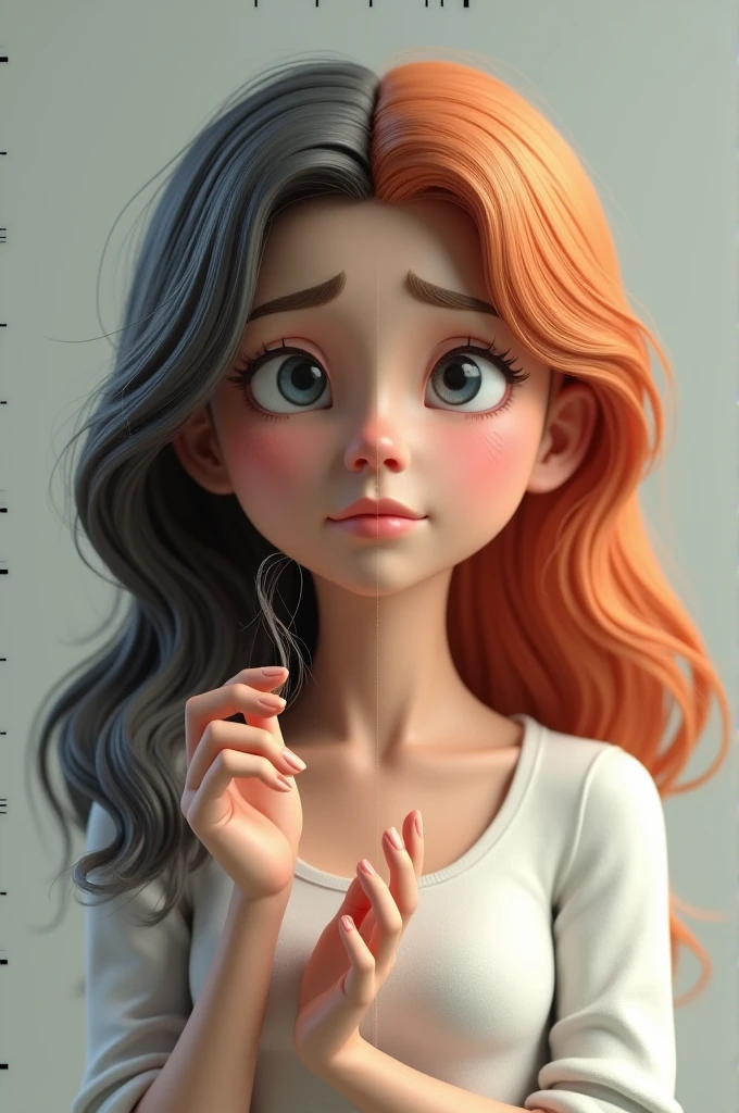 Create a 3D image of a young woman divided into two halves. On the left side, the girl looks sad and distressed, holding a strand of fallen hair in her right hand with the other hand pressed to her body, clearly showing her concern. On the right side, the same girl appears happy and radiant, with fabulous and healthy hair. Ensure the two halves of the image clearly contrast each other and the 3D effect enhances the emotional states and hair conditions