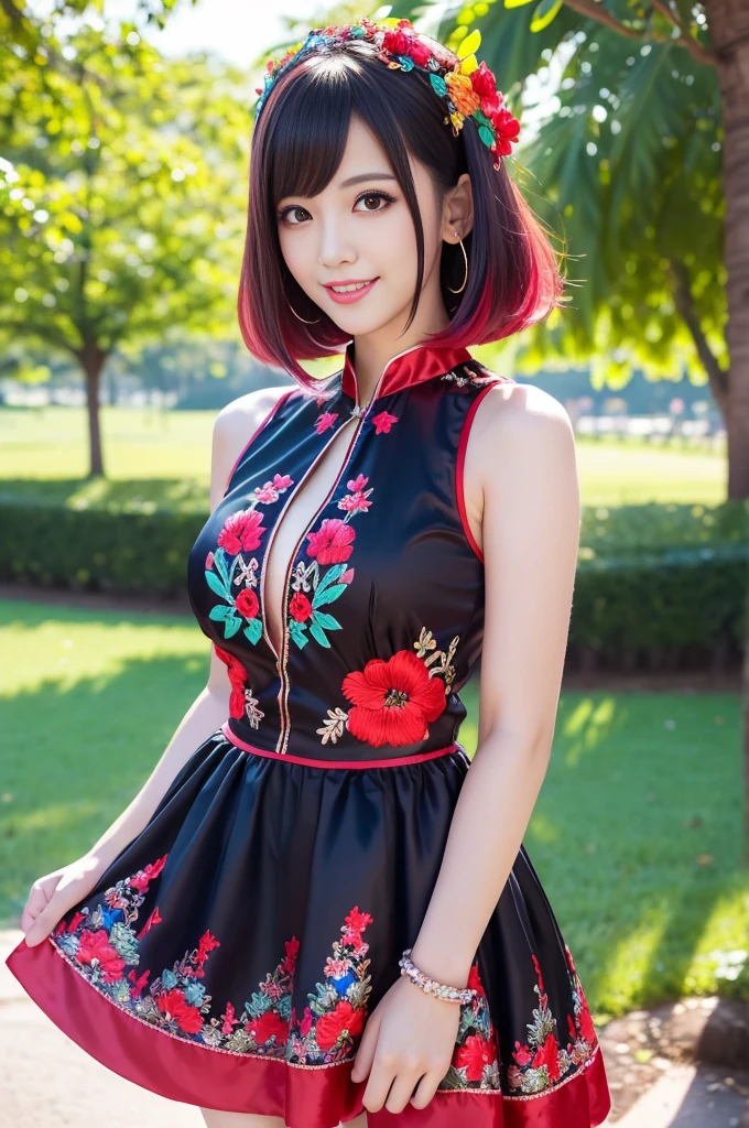 (masterpiece:1.4), (best quality:1.4), ultra high res, ultra high resolution, ((detailed facial features)), HDR, (realistic, photorealistic, photo-realistic:1.37), full body Esbian, sexy Swedish model, (-anime), only 1 model, vivid colors, ((vivid colors multicolor very short hair)), (big smile), lip-gloss, long lashes, defined eyebrows, wearing large sparkling colorful jewelery, wearing a red silk Paradise Kiss cosplay dress with black floral embroidery, ((vivid colors outfit)), vivid colors, look at the camera, cinematic light, large park background with trees, sweet and sexy pose