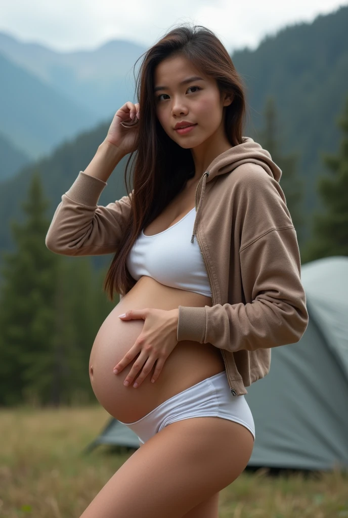 a  ager girl, long brown hair, light skin,good quality, Instagram model, Sexy photo of a girl camping in the mountains, ((I&#39;m wearing a very short hoodie, wear very tight, transparent short white lycra shorts, Kamelzehe, am pregnant)), navel, Hiking clothing, walking boots, Forecourt, Slim fitness body, small breasts, Clearly visible breast contours,  Teen, A tent in the background, slimmer, fit body, narrow waists, small breasts, slim girl, Thin legs, cold weather, Distinctive chest contour, smiling, Happy girl, short, messy dark blonde hair, visibly defined lips, Marking the thigh distance. slim girl, Teenagerth a big long dildo in her hand and an orgasm face, clean shot, Only one tent is visible in the photo, Nikon Z8 + NIKKOR Z 24-120 mm f/4 S