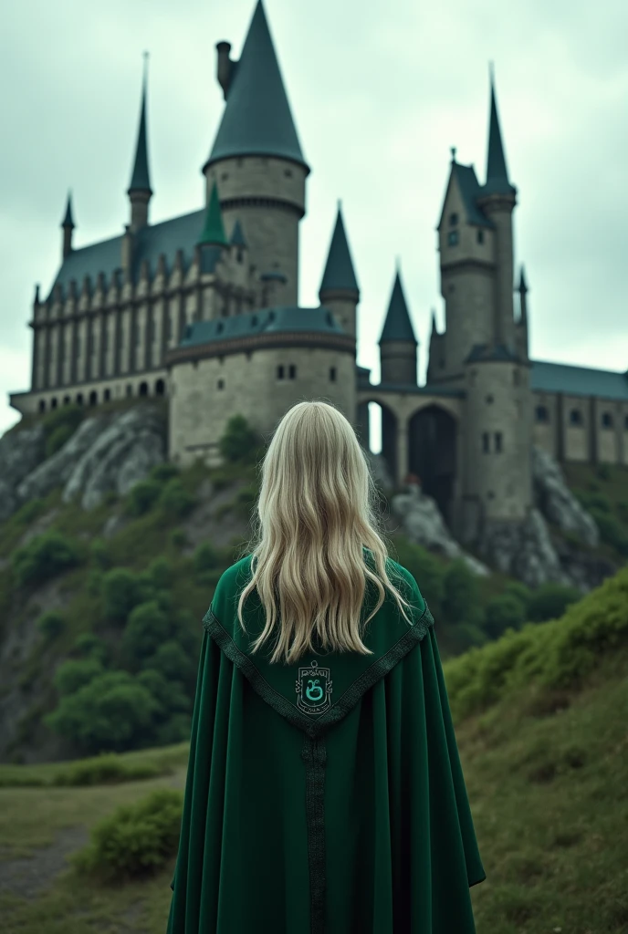 create an image of a white girl wearing a slytherin outfit. In front of Hogwarts castle