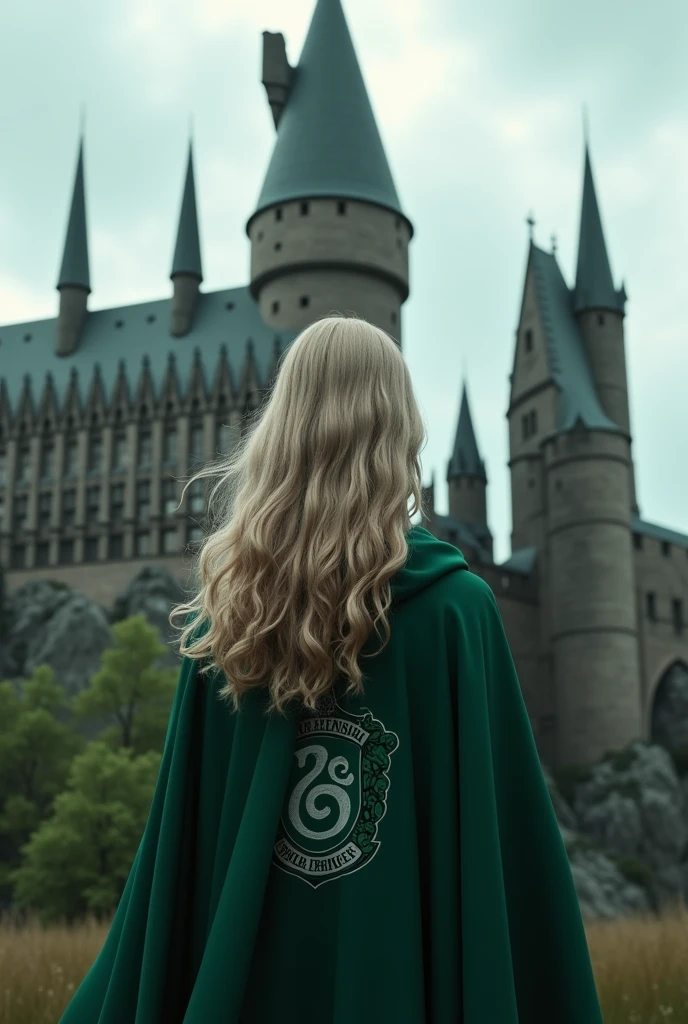 create an image of a white girl wearing a slytherin outfit. In front of Hogwarts castle
