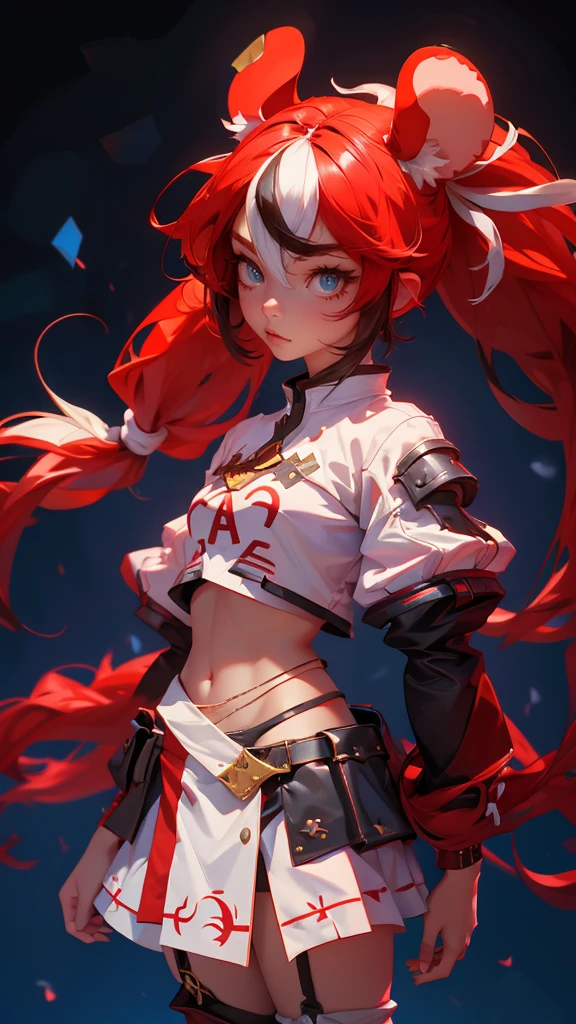 envision a 8k, highres, cinematic, beautiful full body design sheet of an evil small Chaos girl named Hakos Baelz with long red and white hair in pigtails, mouse ears, blue eyes, in a cropped white shirt with armor, and red skirt against a dark gray background