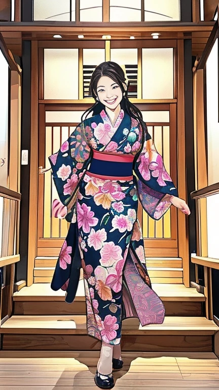 (SeaArt creates stunning illustrations of beautiful women in kimono)、Vividly colored Japanese Ukiyo-e style illustrations、A beautiful woman smiles and shows her upper white teeth、Brown-black long hair、Beautiful full body style、If you want to dance, let&#39;s dance, Tokyo Ondo, Yoi Yoi、Beautiful new digital paintings,、Bright vibrant digital anime art、 Beautiful anime portraits、background,Japanese shrine torii gate front、 Detailed digital anime art、