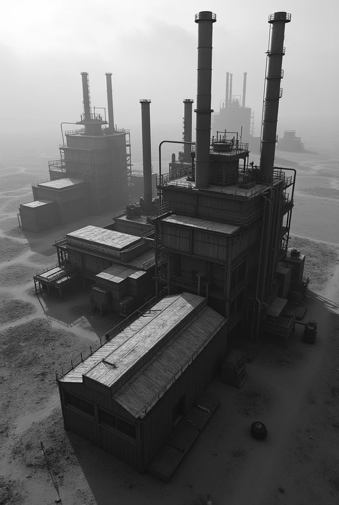 realistic landscape photo.
in black and white.
From a top-down image of a factory.