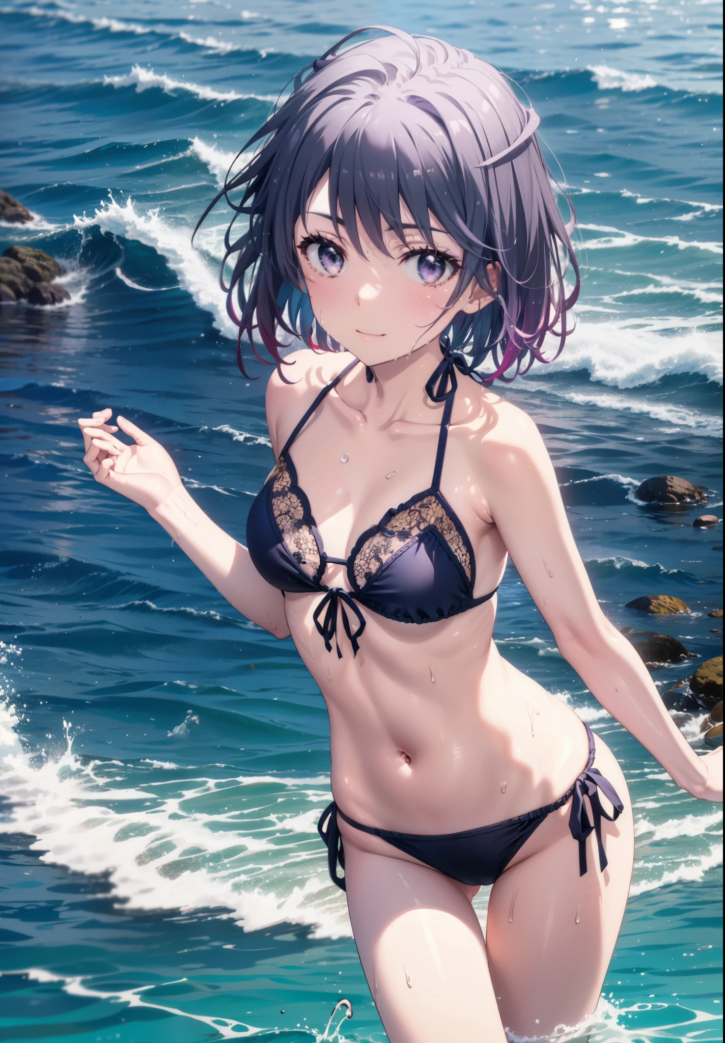 Haruno Yukinoshita, Haruno Yukinoshita, short hair, Hair between the eyes, (Iris:1.5), Black Hair, Gradient Hair, Two-tone hair, Purple Hair, smile,
Black Bikini Swimsuit,barefoot,Wet swimsuit,Wet Hair,Wet Skin,Water Play,Daytime,Clear skies,True Summer,whole bodyがイラストに入るように,
break looking at viewer,whole body, (Cowboy Shot:1. 5),
break outdoors, Ocean,Beach,
break (masterpiece:1.2), Highest quality, High resolution, unity 8k wallpaper, (figure:0.8), (Beautiful attention to detail:1.6), Highly detailed face, Perfect lighting, Highly detailed CG, (Perfect hands, Perfect Anatomy),