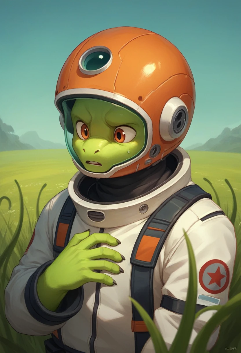 He strides through a field of tentacles orange they are with small suction fingers on them. He is wearing a long coat. He’s also has a space suit on with an orange helmet open face. He seems happy but nervous. He’s obviously an alien planet galaxy in the background, he seems determined to get through the field of tentacles.
