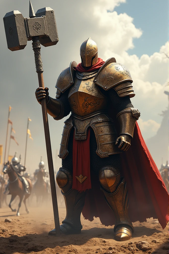 A knight armored with brown steel platearmor holding a warhammer standing in Battlefield