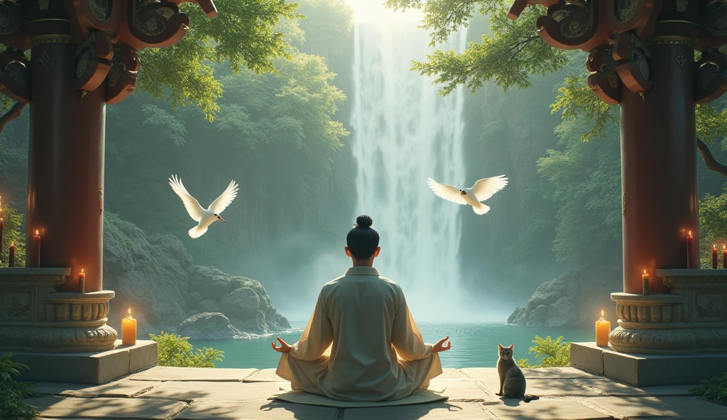 realistic image of an asian man meditating in an astral temple with forest and white birds flying and cat next to it and candles on the side with a waterfall in the background