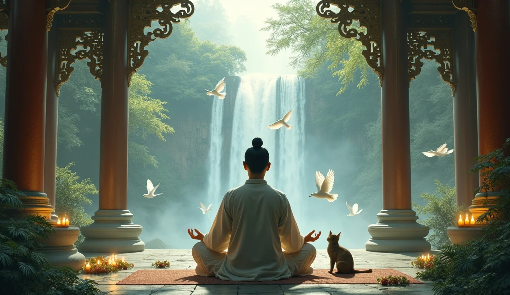 realistic image of an asian man meditating in an astral temple with forest and white birds flying and cat next to it and candles on the side with a waterfall in the background