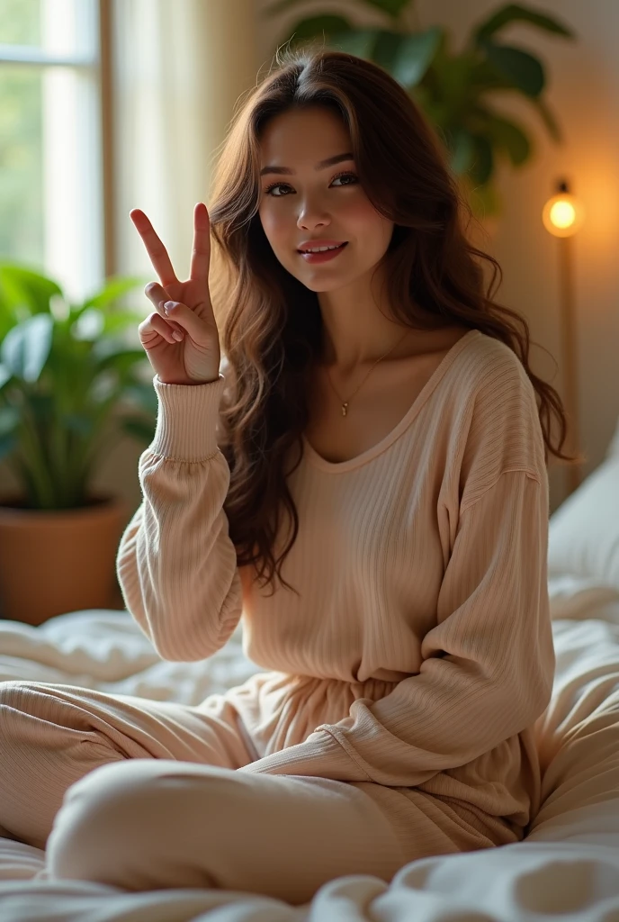 (photorealism:1.2), beautiful woman, sitting on bed waist up only, pajama pants, long curly hair, indoors, soft lighting, plants in background, window with sunlight, cozy room, relaxed pose, realistic, intricate details, warm colors,  smiling but side profile only, holding a peace sign