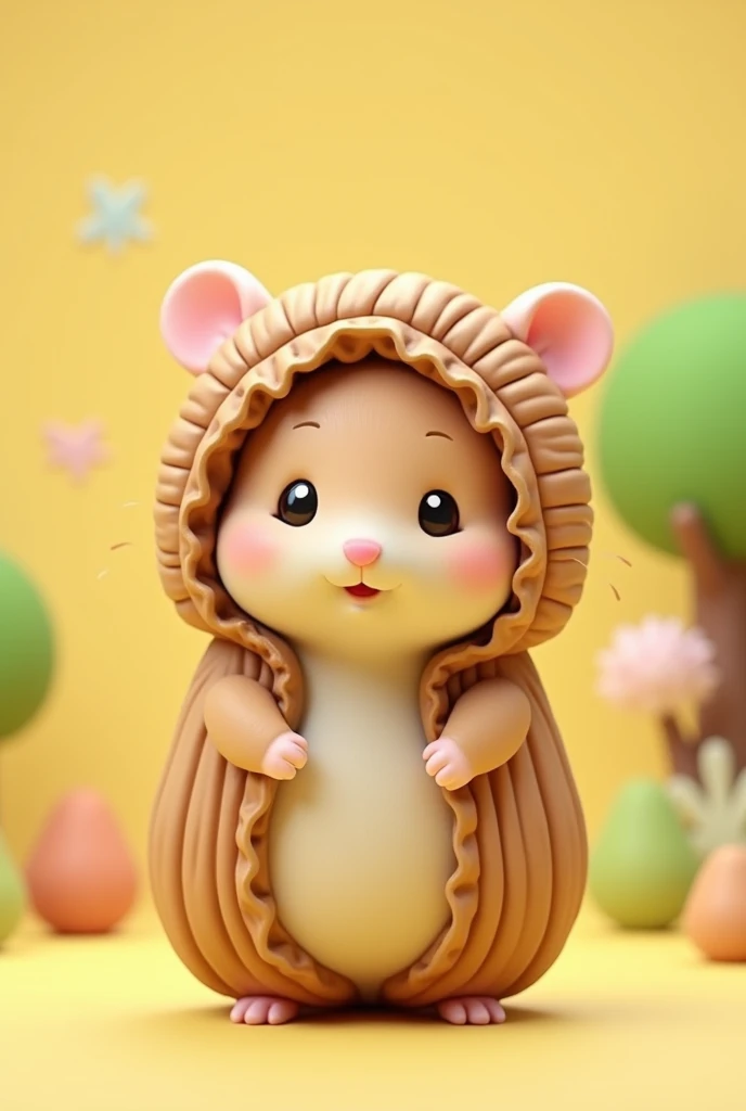 Headpiece: "A Sylvanian Families-style hamster wearing a large, rounded pistachio nut-themed shaped headpiece that completely covers the top of the head. The headpiece should resemble the natural, uneven shape of a peanut shell with a textured, bumpy surface. The color should be a warm, light brown, with visible ridges and grooves to mimic the look of a real pistachio nut-themed shell. The face is left open, so the baby’s face can be seen, adding a cute contrast to the peanut shell design."
Peanut Body Suit: "The Sylvanian Families-style hamster is dressed in a full-body pistachio nut-themed costume that wraps around the entire torso and limbs, creating an unmistakable pistachio nut-themed shape. The costume should be heavily padded to form the characteristic rounded, uneven contours of a pistachio nut-themed. The surface should have a detailed, textured pattern similar to a pistachio nut-themed shell, with bumpy ridges and grooves running along the entire body suit. The suit is colored in a light brown or tan shade to match the headpiece, ensuring the entire costume looks like one large pistachio nut-themed."
, top quality, vibrant colors, charming and cheerful atmosphere, detailed clothing, professional photo, face focus, frontal face, standing, smiling, front view, 3D render, full body shot, full body in frame, intricate frill details, vibrant colors, Front light.