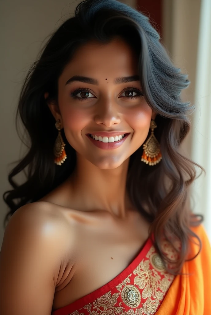 Indian girl, white skin, very beautiful, big round breasts, traditional pouty clothes, smiling, Hollywood smile and white teeth   
