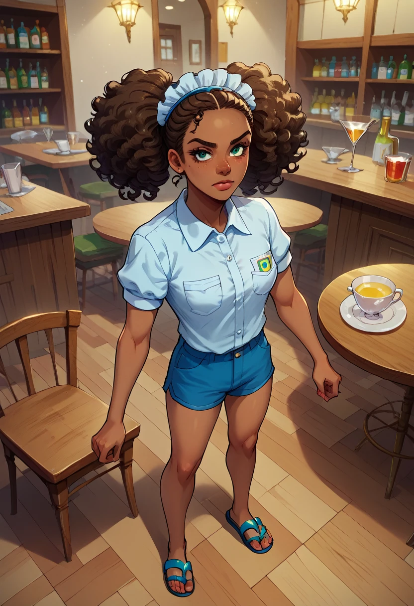  Pamela Melkor Macin. Brazilian woman, Brazil, tanned skin, king, curly hair, curly pigtails, young woman, soft cheekbones, score_9, score_8_above, score_7,Short pants, short, short polo, waitress, sandals
