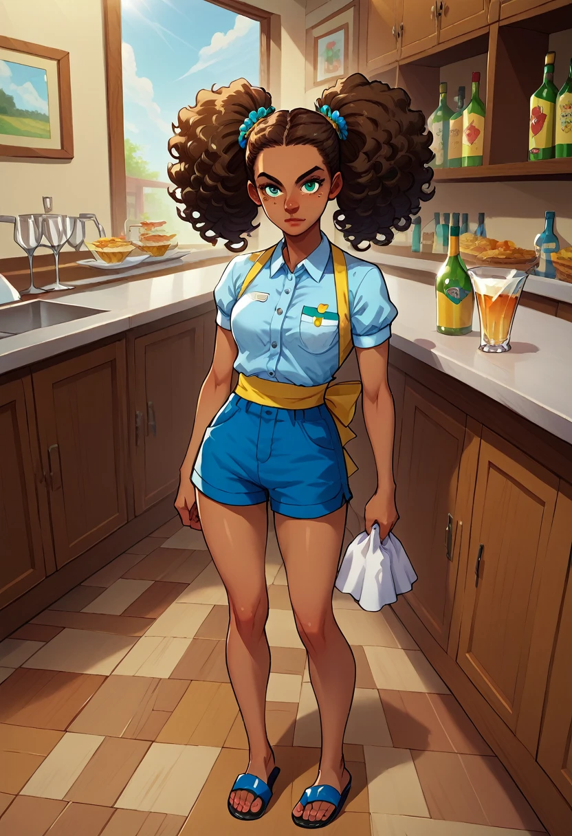  Pamela Melkor Macin. Brazilian woman, Brazil, tanned skin, king, curly hair, curly pigtails, young woman, soft cheekbones, score_9, score_8_above, score_7,Short pants, short, short polo, waitress, sandals
