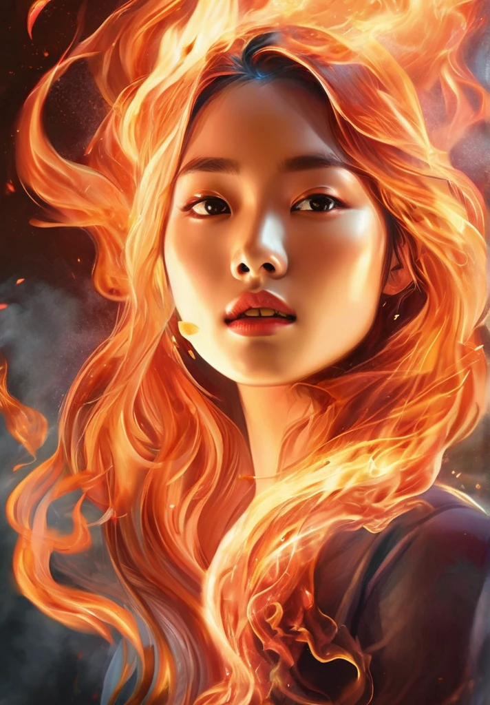 (Masterpiece, high quality, best quality, Korean face, official art, beauty and aesthetics:1.2),(fire element:1.1),composed of fire elements,(1girl:1.2),burning,transparency,fire,(molten rock),flame skin,flame print,fiery hair,smoke,cloud,(radiant:1.1),(flames soaring:1.2),(reigniting the divine fire:1.2),ukl,