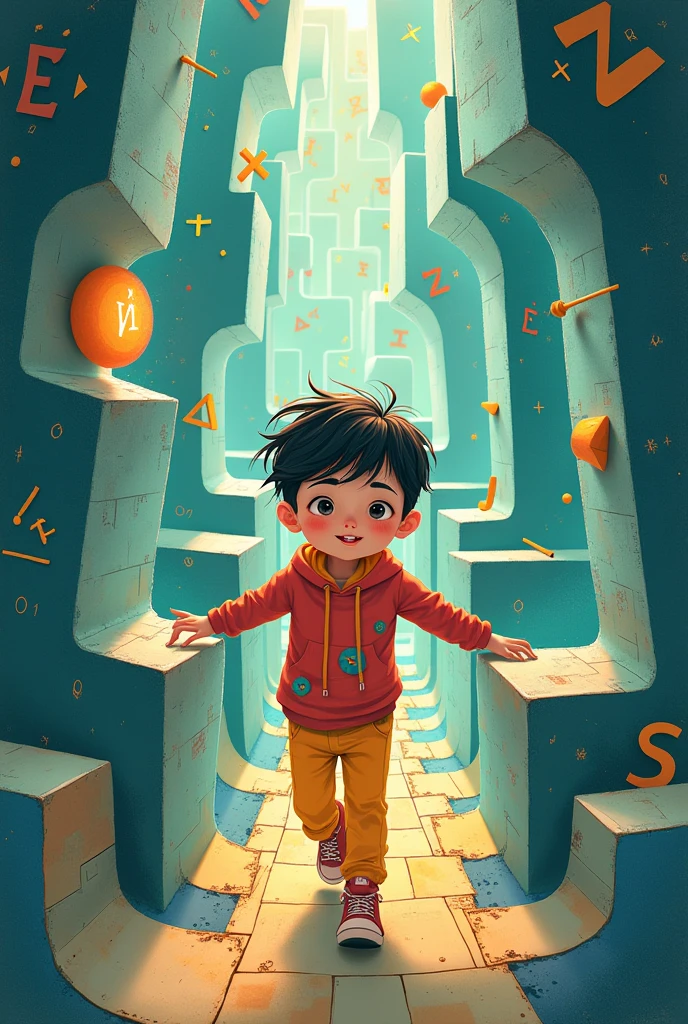 I need a picture, that has the phrase PLIM , that he is a child in a maze with mathematical signs 