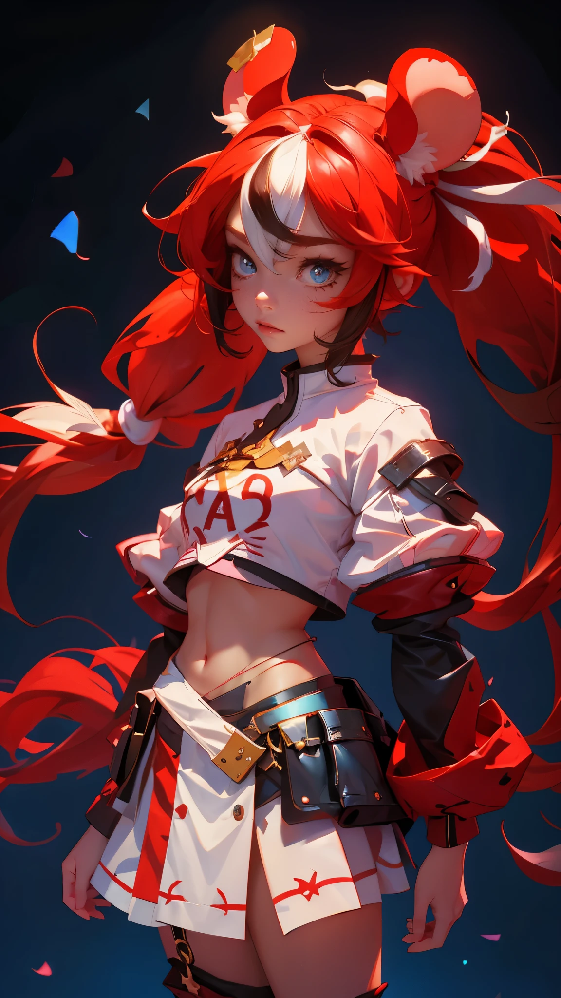 envision a 8k, highres, cinematic, beautiful full body design sheet of an evil small Chaos girl named Hakos Baelz with long red and white hair in pigtails, mouse ears, blue eyes, in a cropped white shirt with armor, and red skirt against a dark gray background