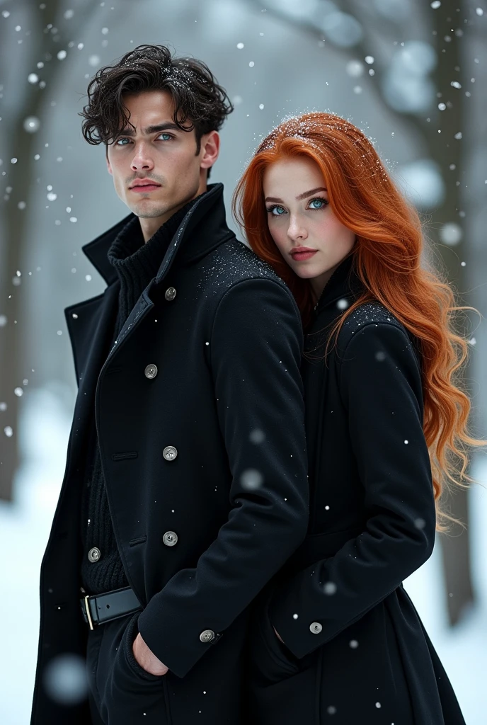 1 Sexy 23 year old woman with copper hair and deep emerald green mermaid eyes, with a black coat in the middle of the snow while snowflakes fall in her hair, At his side a sexy tall 2 masculine man with black hair and blue eyes while wearing a black coat. Looking forward