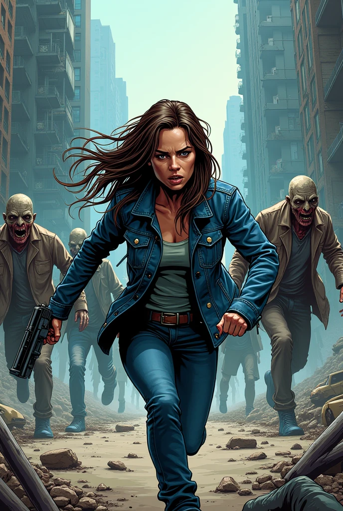 Comic strip of woman in blue jacket holding gun running in zombie apocalypse