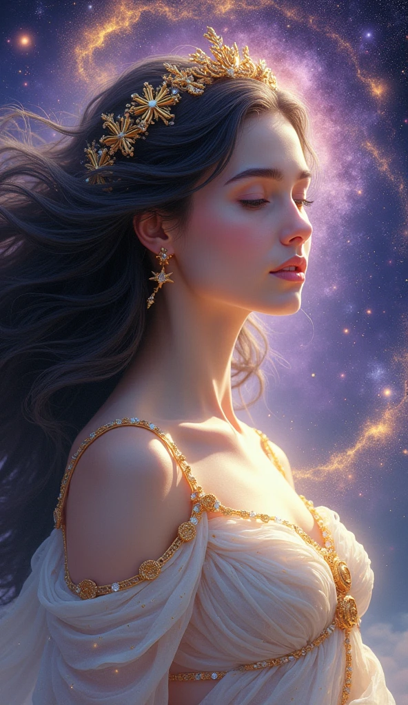 Ethereal Majestic female goddess with dark purple , dark blue , yellow colour palette. Black or white hair
