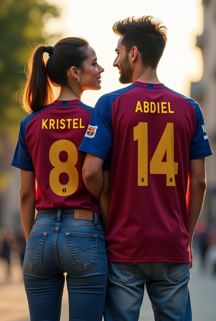 Woman and man from the back when in front with the Barcelona shirt with the numbers 8 and 14 with the names Kristel and Abdiel with the girl&#39;s hair tied to one side and nice jeans