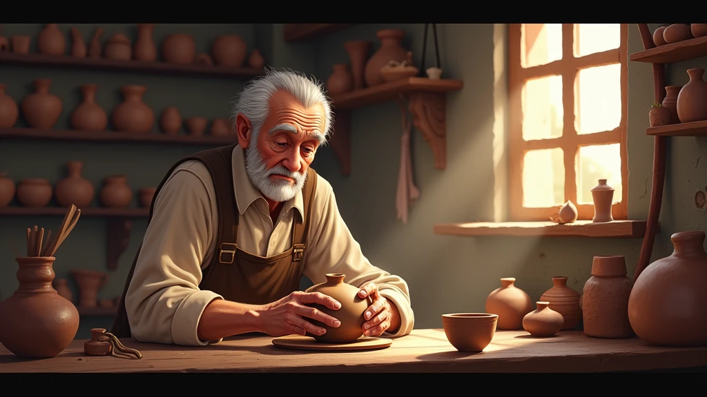Depict Elias, an elderly man with a kind and simple appearance, working in his small pottery workshop. He is focused, shaping a clay pot with his weathered hands, surrounded by old tools and completed pots, with a beam of light coming through the window illuminating his concentrated expression.