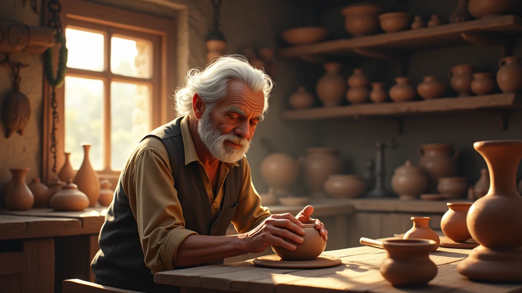 Depict Elias, an elderly man with a kind and simple appearance, working in his small pottery workshop. He is focused, shaping a clay pot with his weathered hands, surrounded by old tools and completed pots, with a beam of light coming through the window illuminating his concentrated expression.