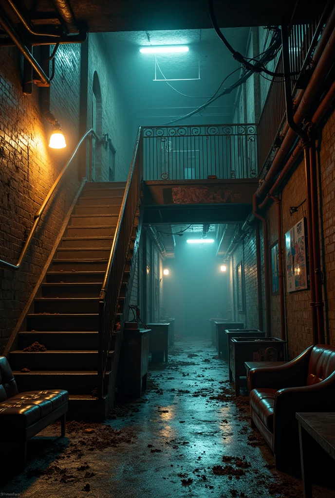 An underground stairs night club in the dirty street of 1980s New York city kinda abandoned 