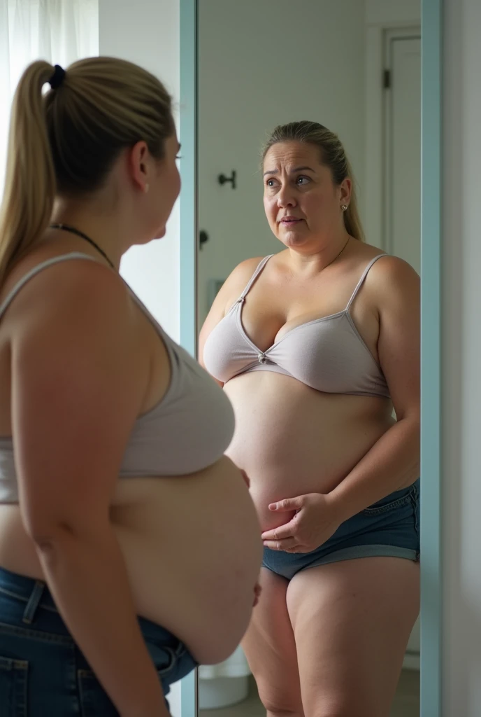 create an image of a fat woman, standing in front of the mirror and seeing that you can't lose weight . The style is a realistic photograph taken in daylight using a 35mm lens in 4k, super detailed, with direct beta illumination and contrast application --ar 9:16