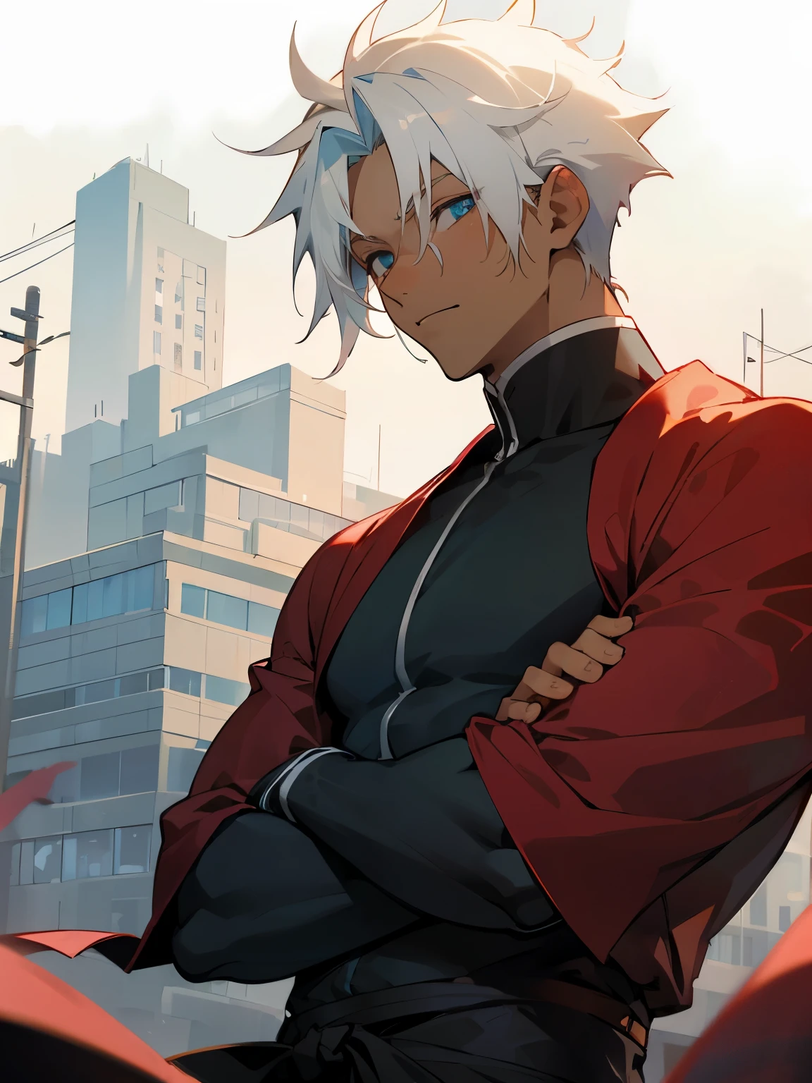 1male , Dark Skin , Adult Male , Lean Muscular , Modern Undercut Messy Hair , White Hair ,Fitted Sleeves,White and Red Yukata, Ninja Clothing , Calm Expression , Modern city background , Pale Blue Eyes