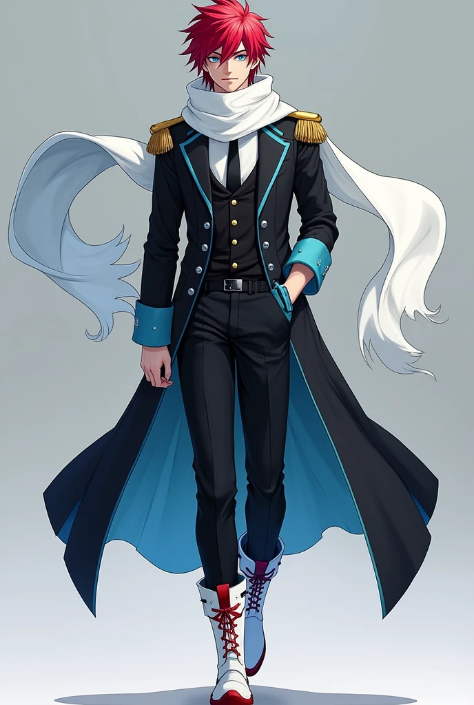 apenas 1 homem, very handsome man, red hair with hairstyle similar to the character Sasuke, very blue eyes, like heaven, very clear, wears a black jacket with cyan blue details, with a long white scarf tied around her neck, that crawls to the ground, black pants and white military boots, with red details.