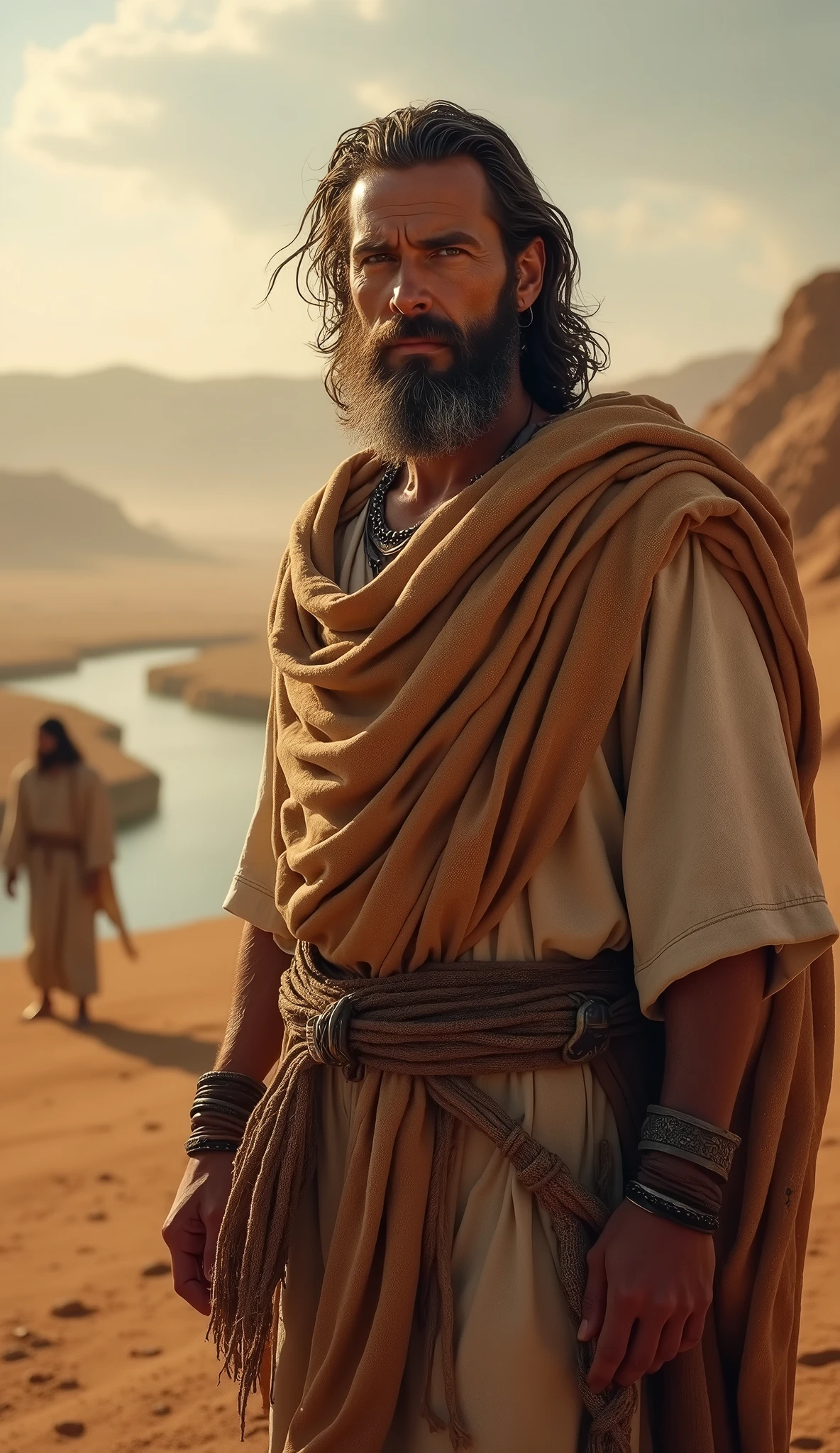 Here is the hyper-realistic 8k cover image capturing John the Baptist as a powerful symbol of faith and courage, set in a desert with the Jordan River in the background and the divine scene of Jesus' baptism. The dramatic and luminous colors emphasize the awe surrounding his figure.