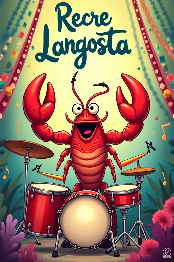 Generate an image, it must have a cartoon lobster, drums, whistles and at the top it must say the following phrase in Spanish "Recre Langosta" as it is written without accents and both words begin with a capital letter