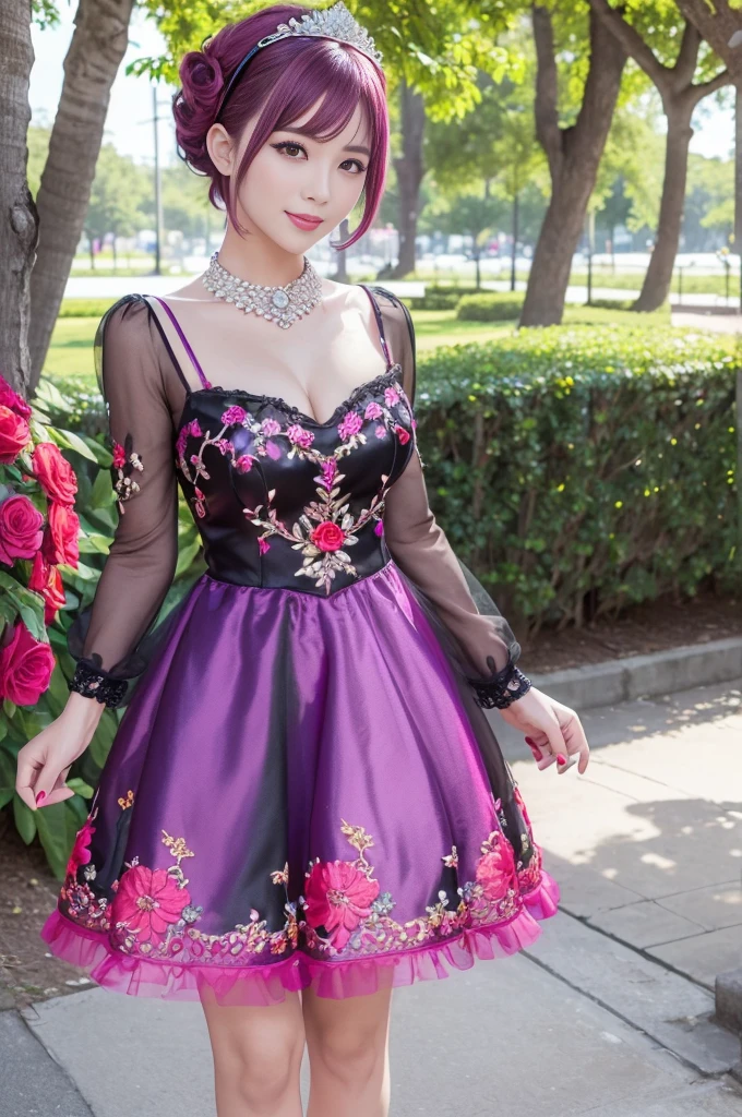 (masterpiece:1.4), (best quality:1.4), ultra high res, ultra high resolution, ((detailed facial features)), HDR, (realistic, photorealistic, photo-realistic:1.37), full body Esbian, sexy Vietnamese model, (-anime), vivid colors, ((vivid colors multicolor (pink, red, purple) very short hair)), (happy smile), lip-gloss, long lashes, ultra detailed metallic makeup, defined eyebrows, wearing large sparkling colorful jewelery, (wearing a red silk Paradise Kiss cosplay dress with black floral embroidery), ((vivid colors outfit)), vivid colors, look at the camera, cinematic light, large park background with trees, sweet and sexy pose