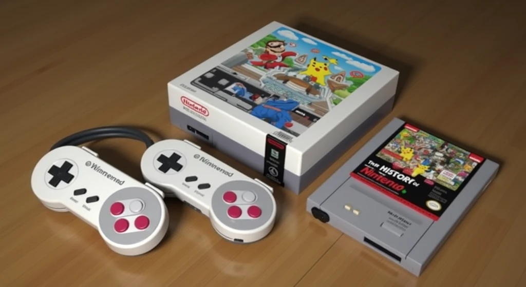 For the cover of your Nintendo history video, Here's a suggestion: main image: Use a visual collage that shows the evolution of Nintendo products. Start with a picture of the old factory or Nintendo playing cards, then move on to iconic consoles like the Game Boy, the NES and the Super Nintendo, until reaching the most modern consoles like the Switch. texto: Include the title "The History of Nintendo" in a big, flashy font, with a smaller subtitle "From the Origin to the Video Game Revolution" to detail the topic. Additional Elements: Add visual elements that reference popular Nintendo games, like Mario, Link ou Pikachu, to attract the attention of the company's fans. colors: Use a vibrant color palette that captures the essence of Nintendo, like red, white and azure, to create an attractive contrast.