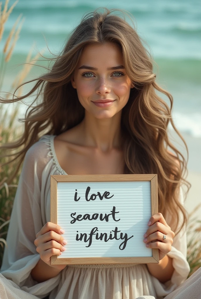 Beautiful girl with wavy long hair, bohemian dress, holding a white board with text "I Love Seaart Infinity" and showing it to the viewer