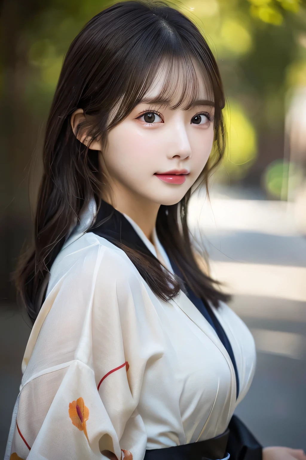 (kimono)、(top-quality,masterpiece:1.3,超A high resolution,),(ultra-detailliert,Caustics),(Photorealsitic:1.4,RAW shooting,)Ultra-realistic capture,A highly detailed,High resolution 16K human skin close-up。 Skin texture is natural、,The pores are、Must be detailed enough to be easy to identify。 Skin should look healthy with even tones。 Use natural light and color,1人,japanes,23years old,kawaii,A dark-haired,Middle hair,,smil,Turn your body to the front,(front-facing view:1.2),,(、tear bags、solid bangs、best qualtiy、超A high resolution、depth of fields、chromatic abberation、、Wide range of lighting、Natural Shading、), (Large Breasts:1.2),