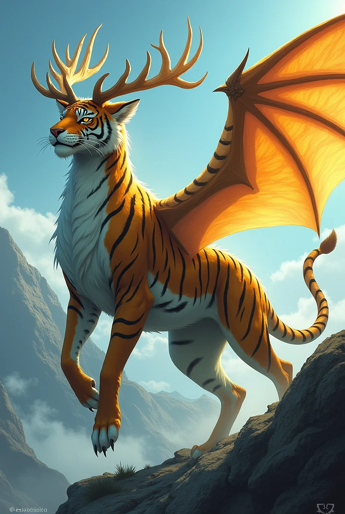 Tarsidra is a majestic and unique creature, a being that combines the characteristics of a tiger, a deer and a dragon. Her body, imposing and muscular, resembles that of a tiger, with a length that can reach up to 12 meters from head to tail. Their skin is covered with short, soft fur., that changes color depending on the element you are using: emerald green for the earth, sky blue for the air, and incandescent orange for the fire.
His face has the fierce features of a tiger., with bright golden eyes that seem to burn with ancient wisdom. On his forehead, A pair of deer antlers rise majestically, crowned with golden tips. These antlers are more than just decorations; They are conduits of elemental energy that channel their power. Their legs are long and robust., ending in sharp claws that can tear through rock and deftly handle the forest floor or mountain peaks.
Two large membranous wings sprout from its back., similar to those of a dragon, with a wingspan of more than 20 meters. The wings are translucent, reflecting flashes of light in shades of green, blue and gold, depending on how the light hits them. Its tail is long and agile., covered with scales that harden on contact, functioning as both a weapon and a stabilizer during flight.