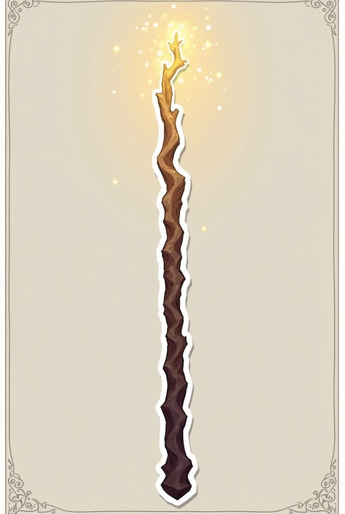 Brown elderberry wand from the wizarding world of harry potter, with golden sparkles, anime style, photo with white borders, sticker style 