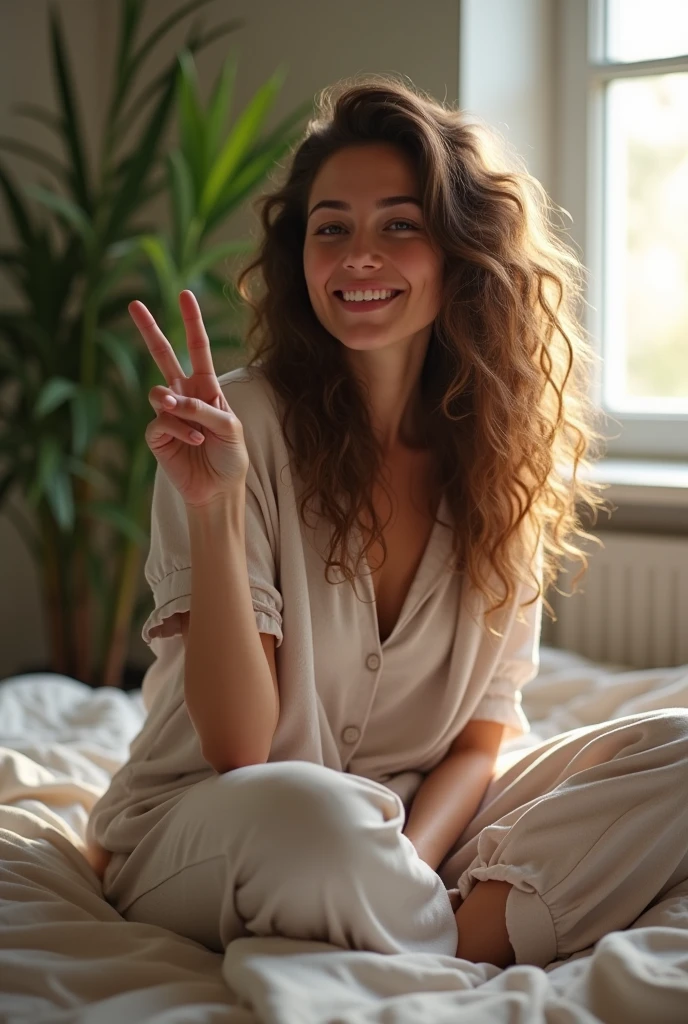 (photorealism:1.2), beautiful german  woman, sitting on bed waist up only, pajama pants, long curly hair, indoors, soft lighting, plants in background, window with sunlight, cozy room, relaxed pose, realistic, intricate details, warm colors,  smiling but side profile only, holding a peace sign