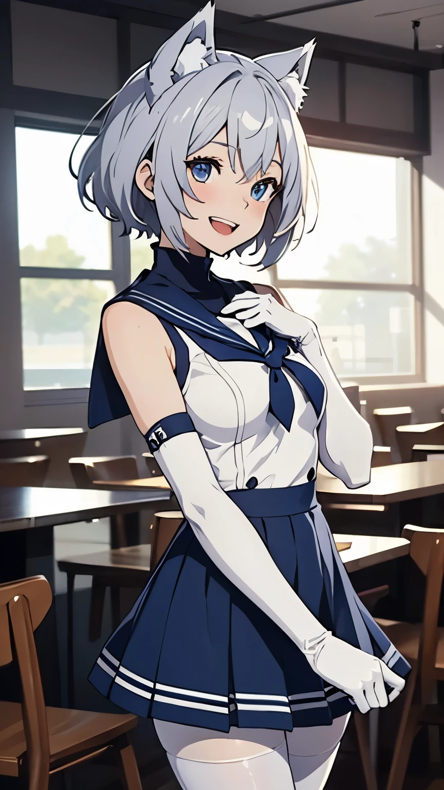 Tabletop High resolution Best image quality 8k Adult female Anime Style White long gloves(Elbow Gloves) White Sailor Suit(Sleeveless) Navy blue mini skirt White Pantyhose White wolf ears short hair((Shortcuts)(Gray Hair)(Perm)(fluffy)) blue eyes Attractive face((Laughter)(smile)(Open your mouth))